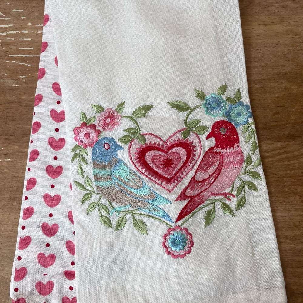 Nicole Miller Embroidered Love Birds and heart kitchen towels